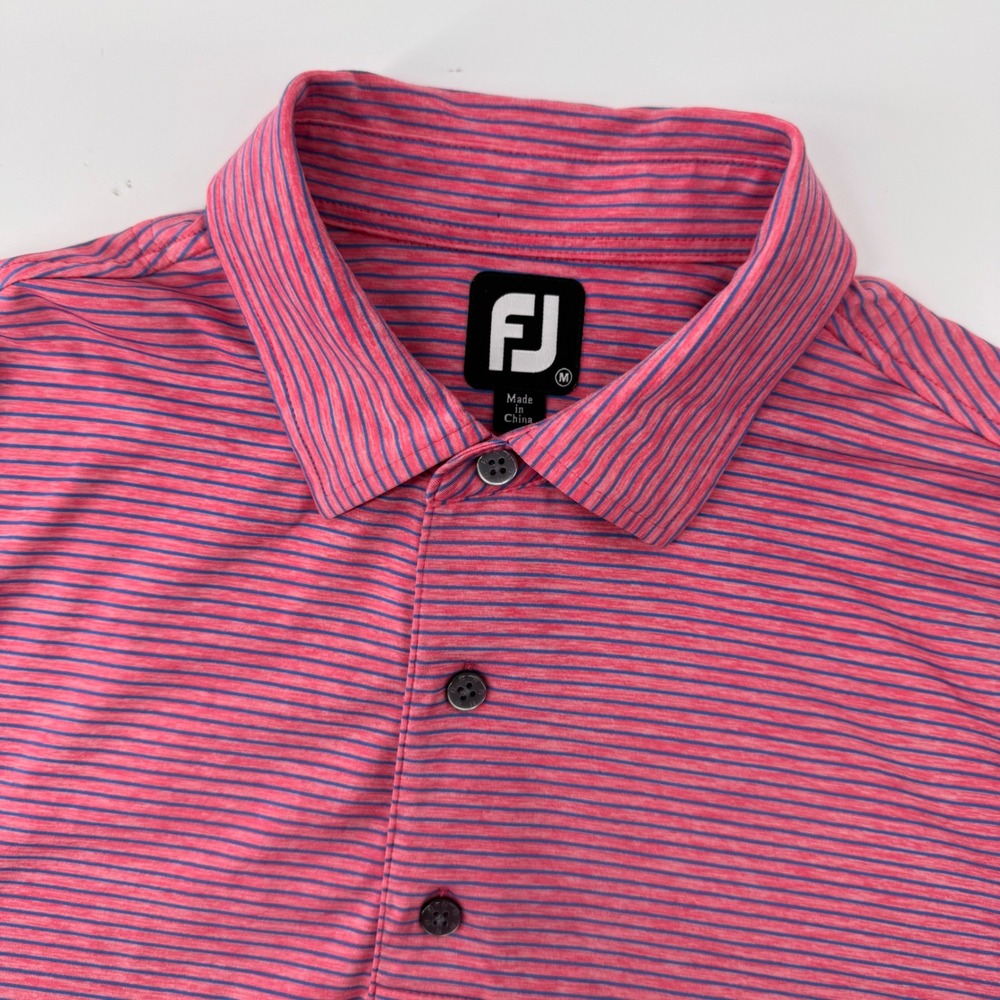 FootJoy Polo Shirt Mens Medium Pink Blue Striped Performance Short Sleeve Golf
